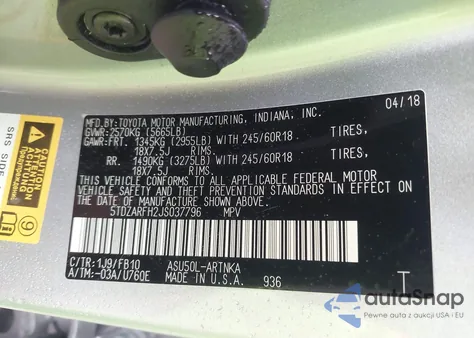 2018 Toyota Highlander Le из США, поврежденный, VIN 5TDZARFH2JS037796